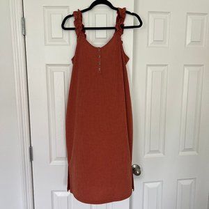 Burnt Orange Midi Dress with Ruffle Straps Ribbed Detailing Size L